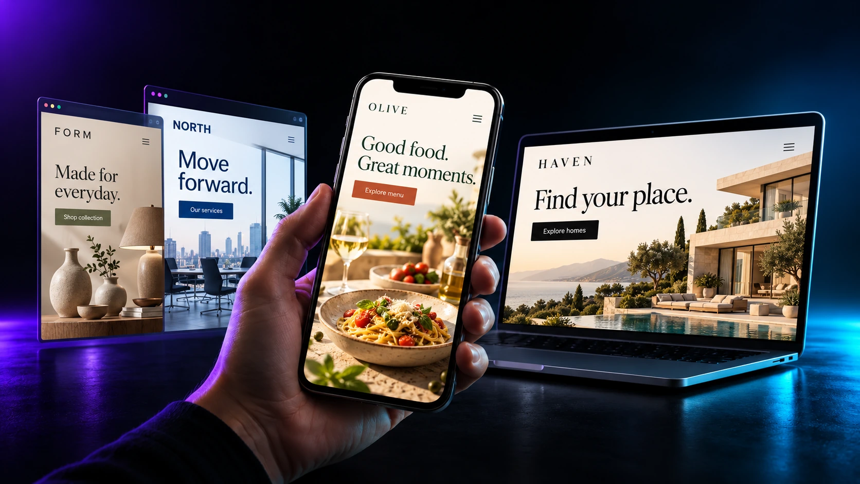 Concept website examples for a restaurant, real estate, homeware store and professional services on a phone, laptop and browser panels