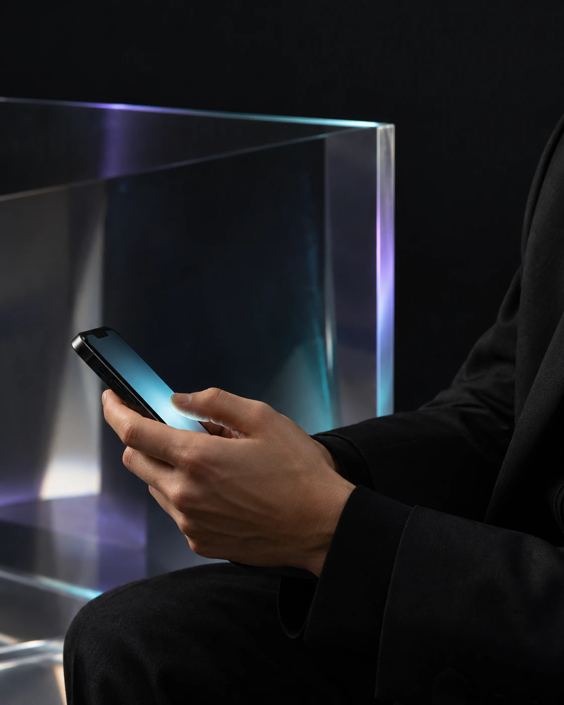 Hands holding a phone beside illuminated glass